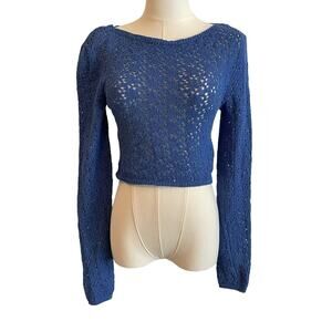 Pull & Bear Crochet Open Knit Cropped Sweater Size Medium Blue Casual Layering